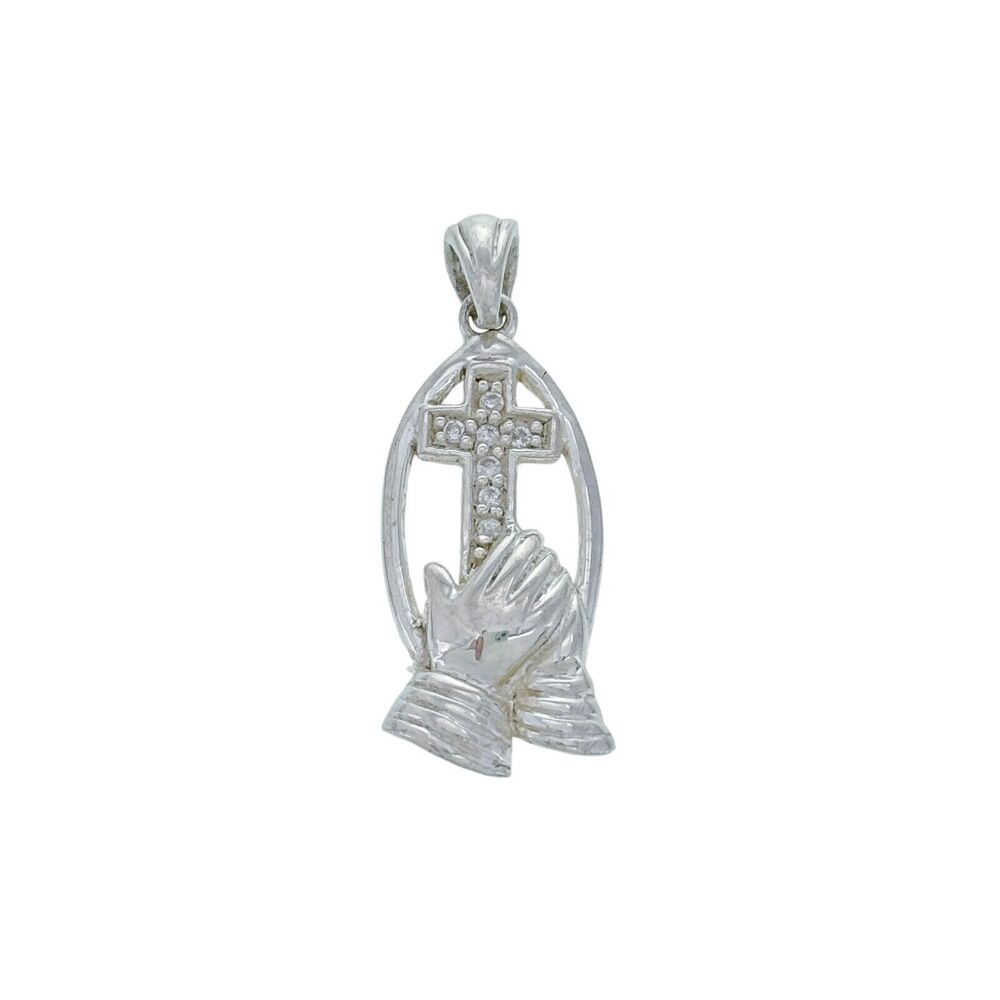 Vintage Sterling Silver 925 CZ Praying Hands Religious Cross Pendant
